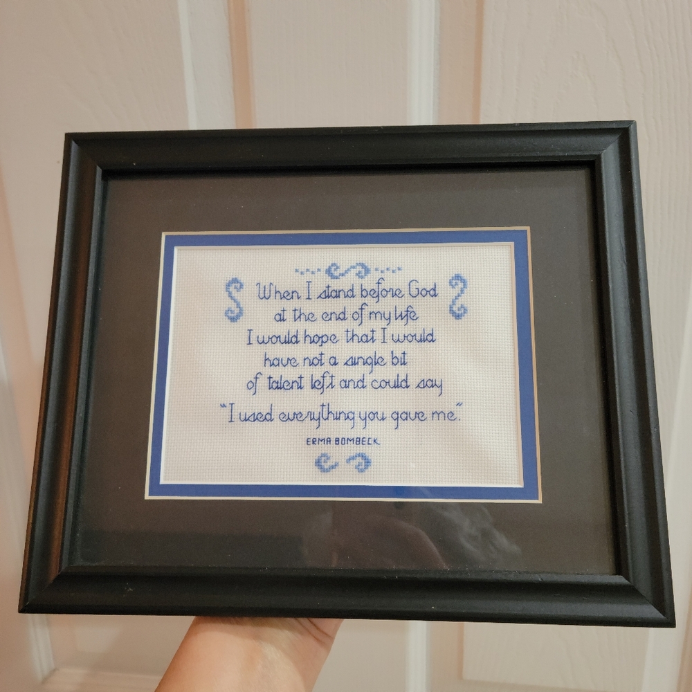 Framed Needlepoint Erma Bombeck Quoite ~ Minimalist ~ Blue Thread ~ FINAL PRICE